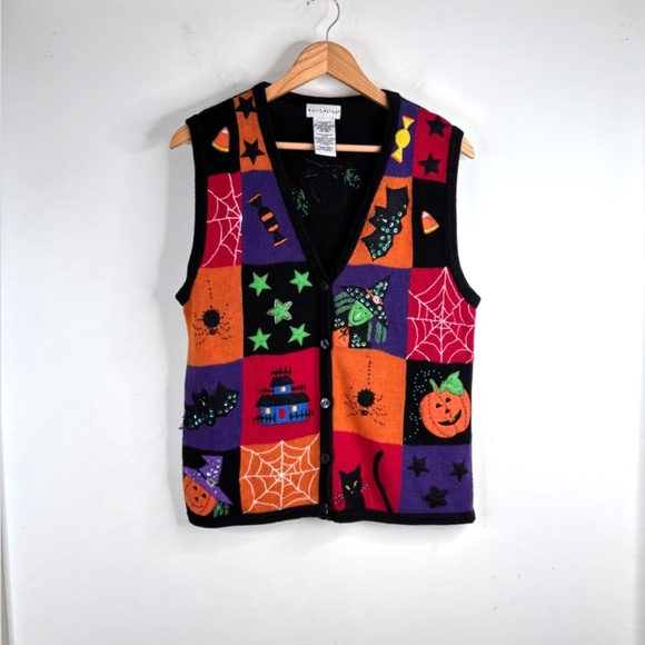 VTG Halloween Sweater Vest White Stag M Patchwork Witch Spider Cat Bat Pumpkin - Picture 1 of 9